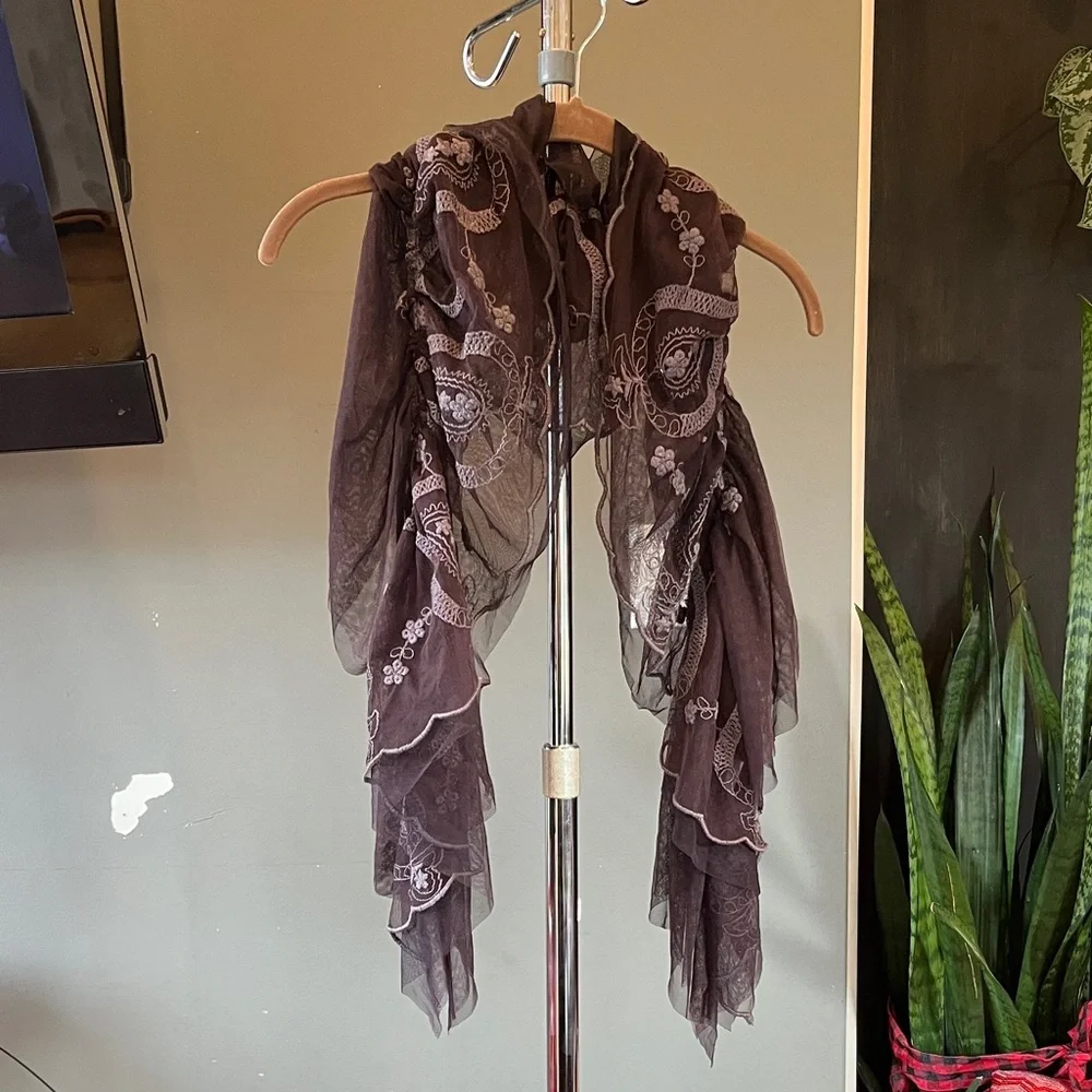 🧋Tulle embroidered scarf cascading layers plum purple